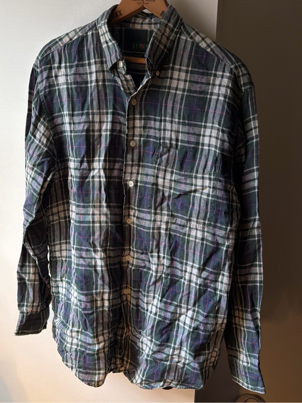 Vintage J. Crew Oarsman Shirt Men Size Small Plaid Linen Button Down Long Sleeve